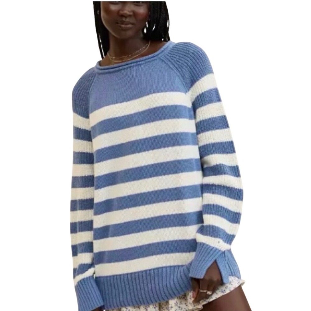 Aerie Bistro Striped Sweater Size XS Blue White Excellent Cotton Raglan Slit